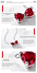 Detail of S925 silver bow necklace with ruby red heart-shaped lab-grown gemstones