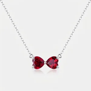 Elegant 925 Sterling Silver Bow Ribbon Pendant Necklace For Women Heart Shaped Red Zirconia Clavicle Chain Jewelry Gift