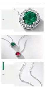Macro shot of S925 silver necklace featuring round-cut emerald and ruby gemstone settings