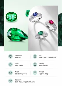 Macro view of lab-grown emerald, blue, and red gemstone rings with paved zircon bands