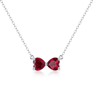 S925 sterling silver necklace featuring red heart-shaped lab ruby bow pendant design