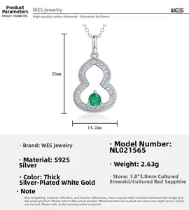 Detailed specs showing a S925 silver lab-grown emerald gourd pendant necklace with dimensions