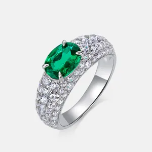 Luxury 925 Sterling Silver Lab Grown Emerald Ring Vintage Oval Ruby Sapphire Rhinestone Inlaid Fashion Jewelry For Women