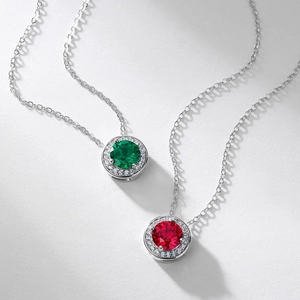 S925 silver necklaces with round emerald and ruby pendants surrounded by small diamonds