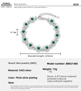 Detail view of S925 silver bracelet showing 225mm length and 3.8mm emerald gemstones