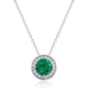 Elegant S925 silver round lab-grown emerald pendant necklace with halo diamond setting