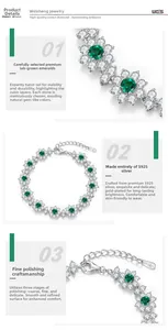 Close-up of S925 sterling silver emerald bracelet with handcrafted diamond setting