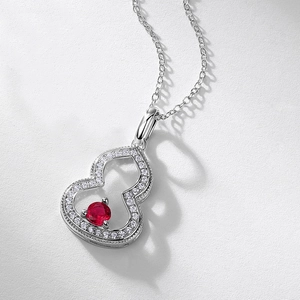 Elegant S925 sterling silver gourd pendant necklace with ruby and pavé diamond stones