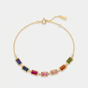 925 Sterling Silver Rainbow Zirconia Bracelet For Women Gold Plated Geometric Colorful Stone Hand Chain Luxury Jewelry Gift