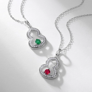 S925 silver Wu Lou necklaces featuring emerald and ruby stones with micro-pavé diamonds