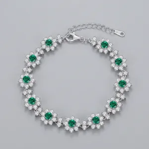 925 Sterling Silver Lab Grown Emerald Bracelet For Women Floral Cluster Rhinestone Inlaid Adjustable Chain Wedding Party Elegant Jewelry
