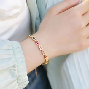 Rainbow cubic zirconia bracelet in S925 gold plating with multi-color rectangular gems
