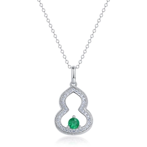 Elegant S925 silver gourd necklace with emerald gemstone and pavé diamonds