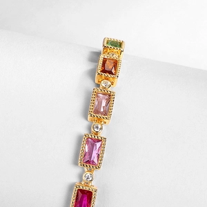Chic rainbow zircon bracelet in gold plated S925 silver with colorful rectangle gemstones
