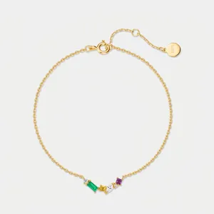 Bracciale in Argento Sterling S925 Zirconia Arcobaleno da Donna Placcato Oro Multicolore Intarsio di Pietre Preziose Geometrico Gioielli