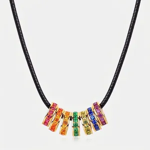 925 Sterling Silver Rainbow Zirconia Pendant Necklace Women 10K Gold Plated Geometric Circle Clavicle Chain Jewelry