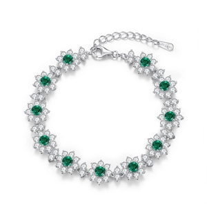 Luxurious S925 sterling silver floral bracelet with lab-grown emerald green gemstones