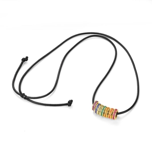 Rainbow CZ stone circular slider pendant necklace with adjustable black wax cord cord