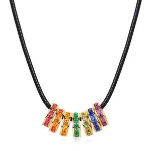 Colorful zircon rainbow ring pendant necklace with black cord for women's fashion