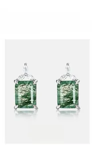 Detail of rectangular green moss agate earrings in S925 silver with marquise diamonds
