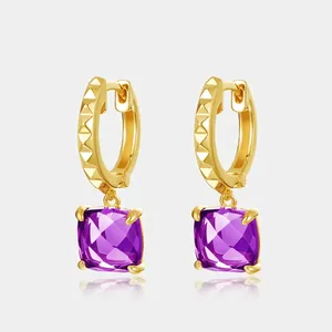 Luxury 925 Sterling Silver Amethyst Earrings For Women Elegant Geometric Pyramid Texture Purple Square Crystal Earrings