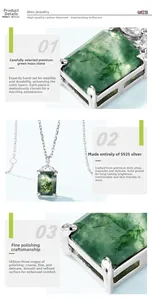 Detailed view of rectangular natural green moss agate stone set in S925 silver with gold plating