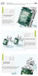Detail showing square green moss agate stud earring in S925 sterling silver four-prong setting