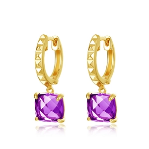 S925 gold-plated amethyst earrings featuring checkerboard cut purple gems and pyramid texture