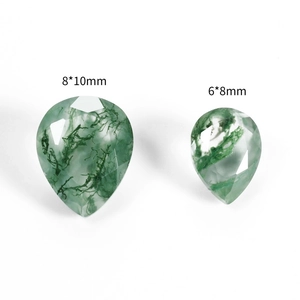 Natural moss agate pear-shaped gemstones with unique textures in 8x10mm and 6x8mm sizes