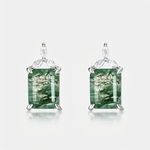 Elegant 925 Sterling Silver Moss Agate Stud Earrings Rectangular Emerald Cut Green Gemstone Zirconia For Women Jewelry
