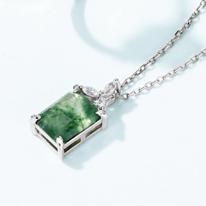 Rectangular green moss agate pendant in 925 sterling silver with zircon accents