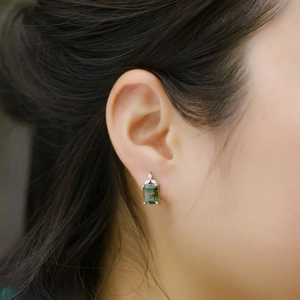 Square green moss agate stud earrings with leaf zircon accents in 925 silver