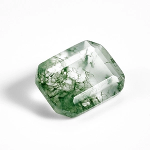 Natural moss agate stone with green plant-like inclusions in rectangular emerald cut