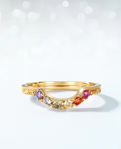 Detail of V-shaped S925 silver ring with colorful zircons and leaf vein textures