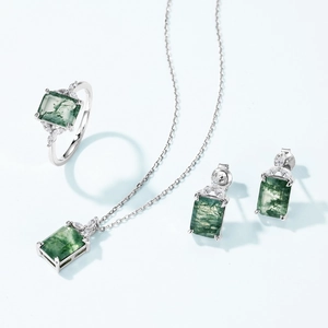Elegant S925 silver jewelry set with rectangular green moss agate stones and zircons