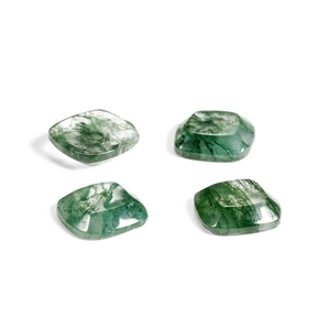 Set of four square cabochon moss agate gemstones with natural green moss-like inclusions