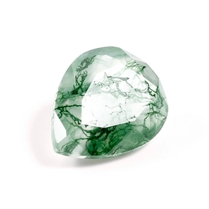 Pear-shaped green moss agate gemstone with faceted surface on a clean white background