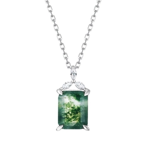 Rectangle green moss agate pendant necklace in S925 sterling silver with zircon accents