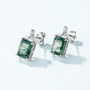 S925 sterling silver geometric stud earrings with natural green moss agate stones