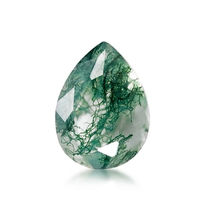Pear-shaped faceted natural moss agate gemstone with clear green mineral textures