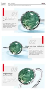 Detail of round green moss agate stone on S925 silver band with gold plating