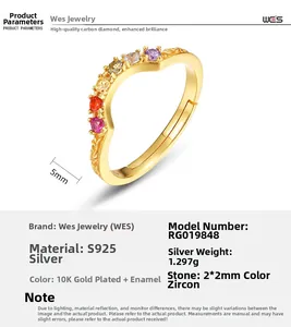 Detail view of S925 silver rainbow ring with colorful zircon and 10K gold plating specifications