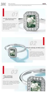 Vue détaillée de l'agate mousse verte carrée sertie sur une bague en argent S925