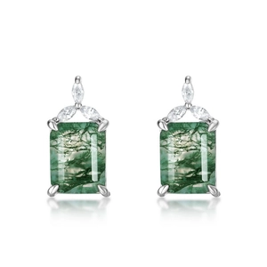 Square moss agate stud earrings with shimmering white accents in polished silver setting