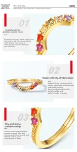 Macro shot of S925 silver gold-plated ring with colorful cubic zirconia and manual setting