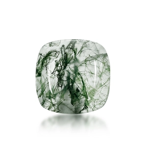 Natural cushion cut moss agate gemstone with green inclusions on white background