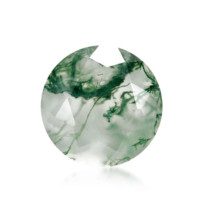 Natural round faceted moss agate gemstone with green inclusions on white background