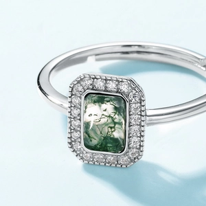 Bague réglable en argent S925 avec agate mousse carrée et entourage en zircone