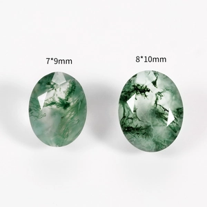Oval cut natural moss agate gemstones with green inclusions in sizes 7x9mm and 8x10mm
