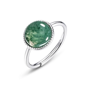 Minimalist S925 silver open ring featuring a round green amber stone with gold plating